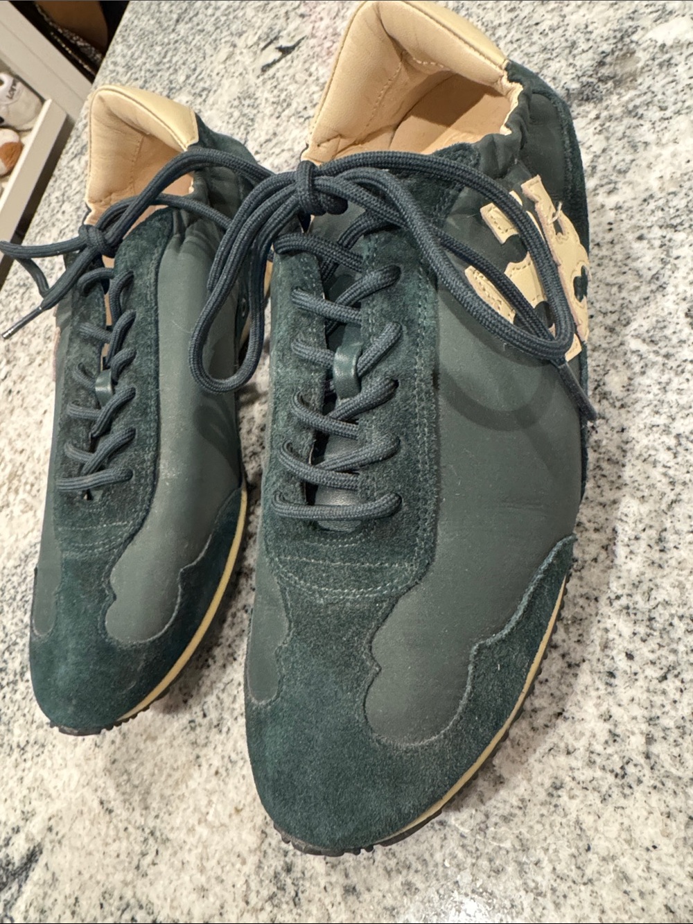Tory Burch Dark Green Suede & Leather Sneakers with Tan Accents - Picture 4 of 6